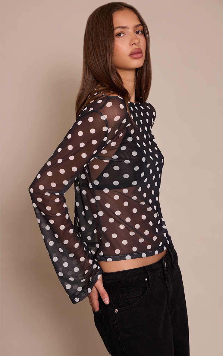 Black Polka Dot Mesh Flared Long Sleeve Top  image 4