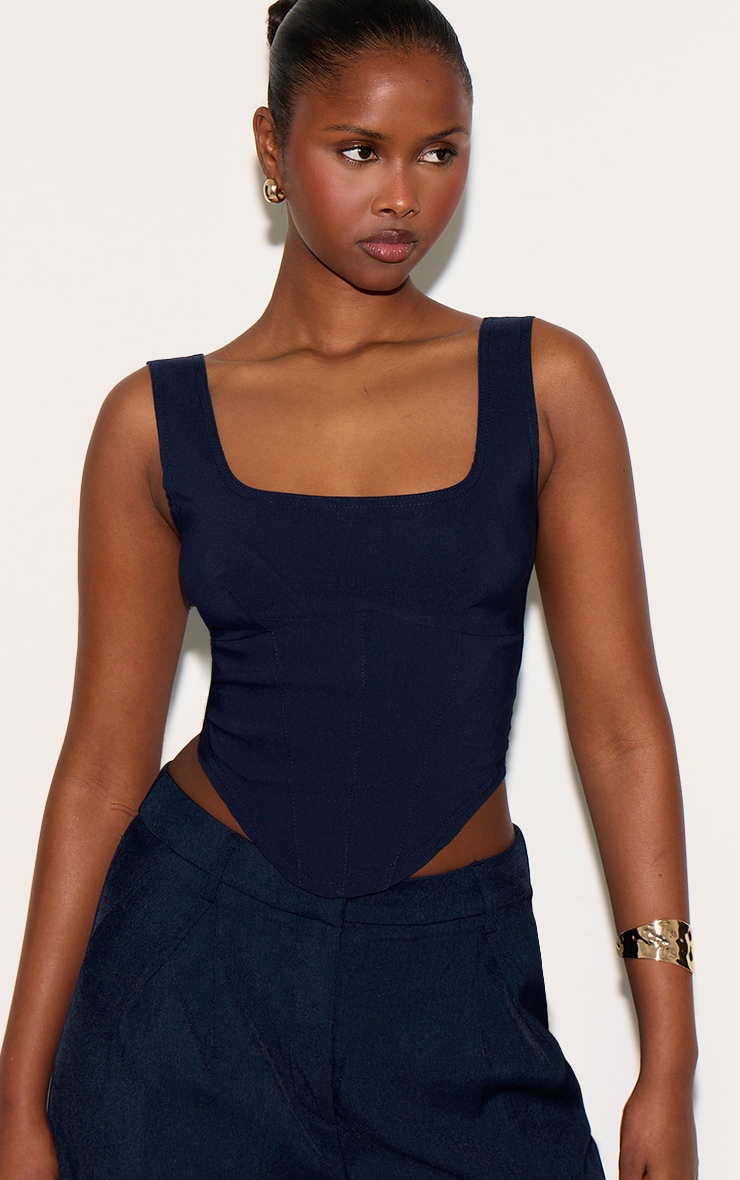 Navy Stretch Woven Square Neck Corset Top image 4