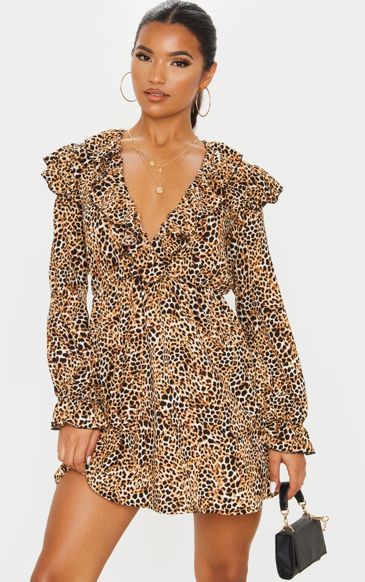 Brown Leopard Print Frill Detail V Neck Shift Dress
