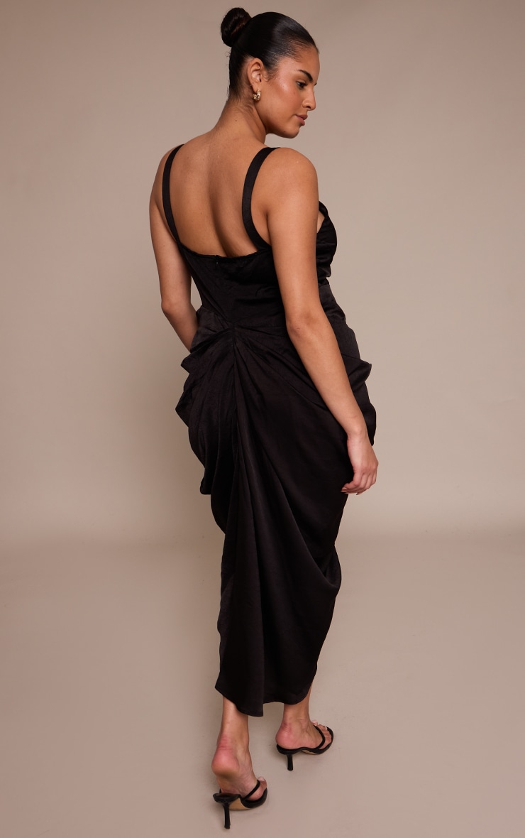 Plus Black Crushed Satin Drape Maxi Dress image 2