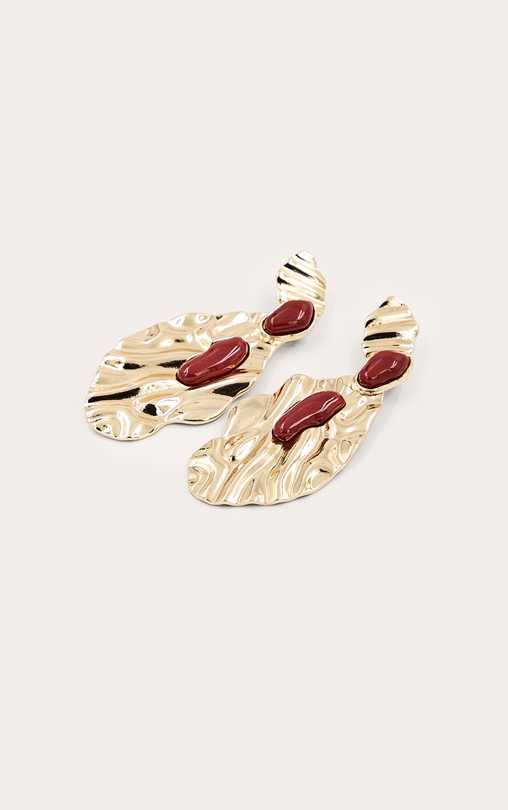 Gold Textured Burnt Orange Resin Statement Earrings image 3