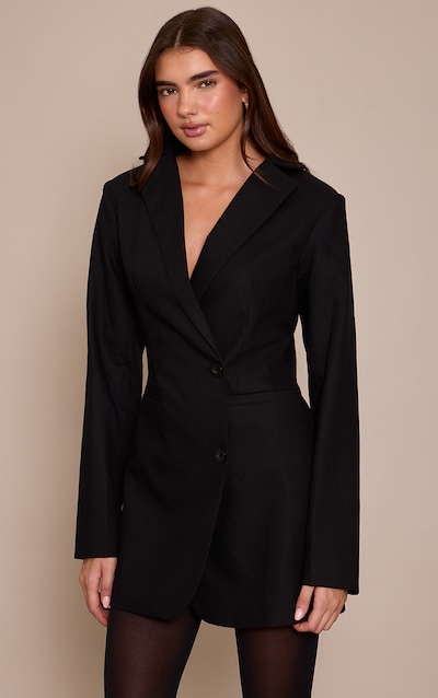 Black Woven Tailored Long Sleeve Blazer Dress