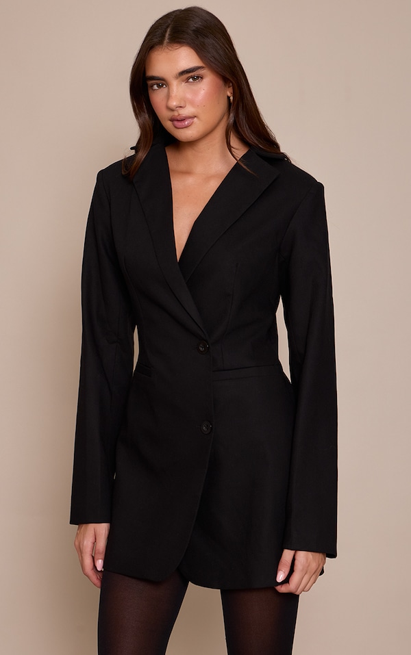 Black Woven Tailored Long Sleeve Blazer Dress