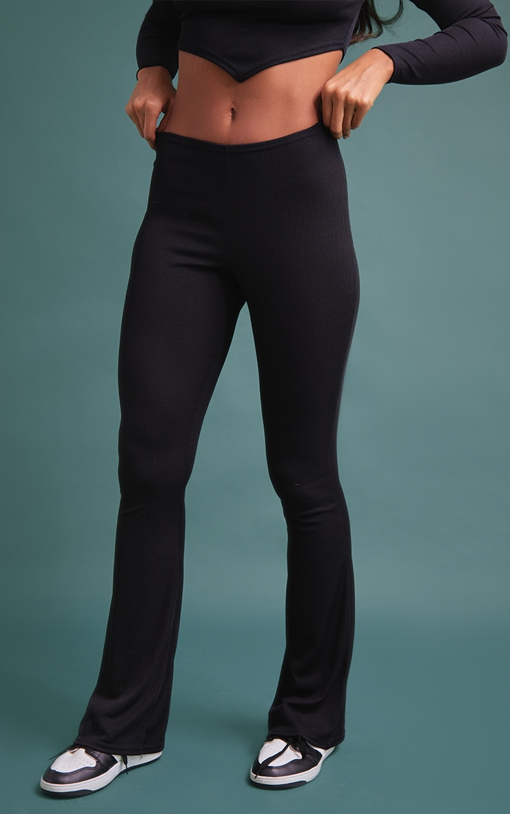 Black Rib Low Waist Flared Trousers image 2