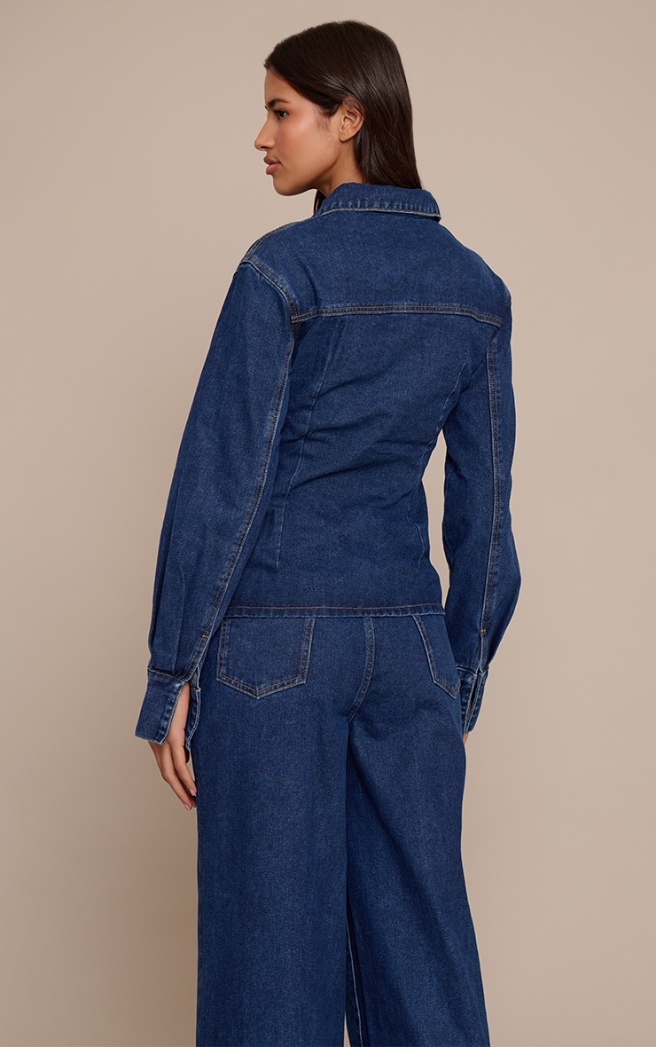 Tall Dark Indigo Long Sleeve Fitted Denim Shirt image 2