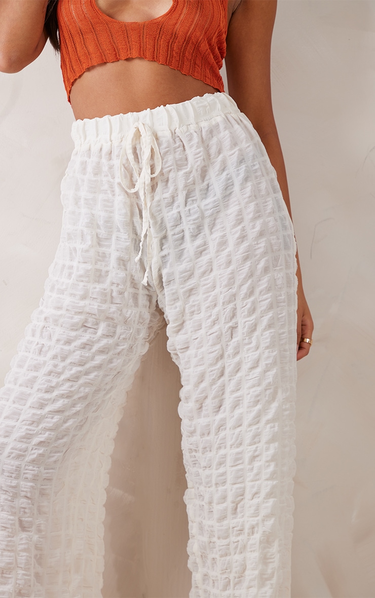 Tall Cream Bubble Textured Drawstring Flared Trousers image 4
