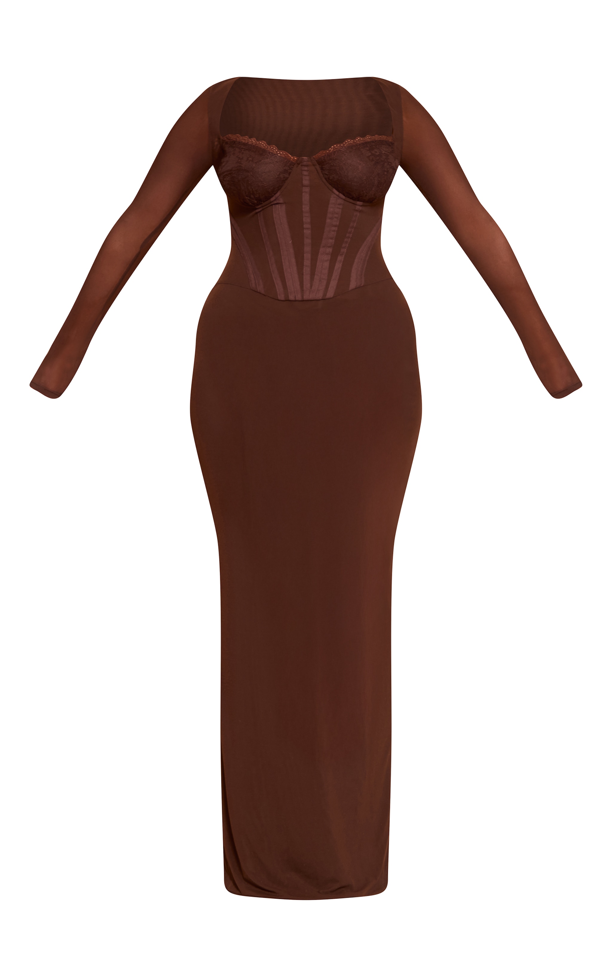 Shape chocolate Mesh Lace Insert Corseted Maxi Dress image 5