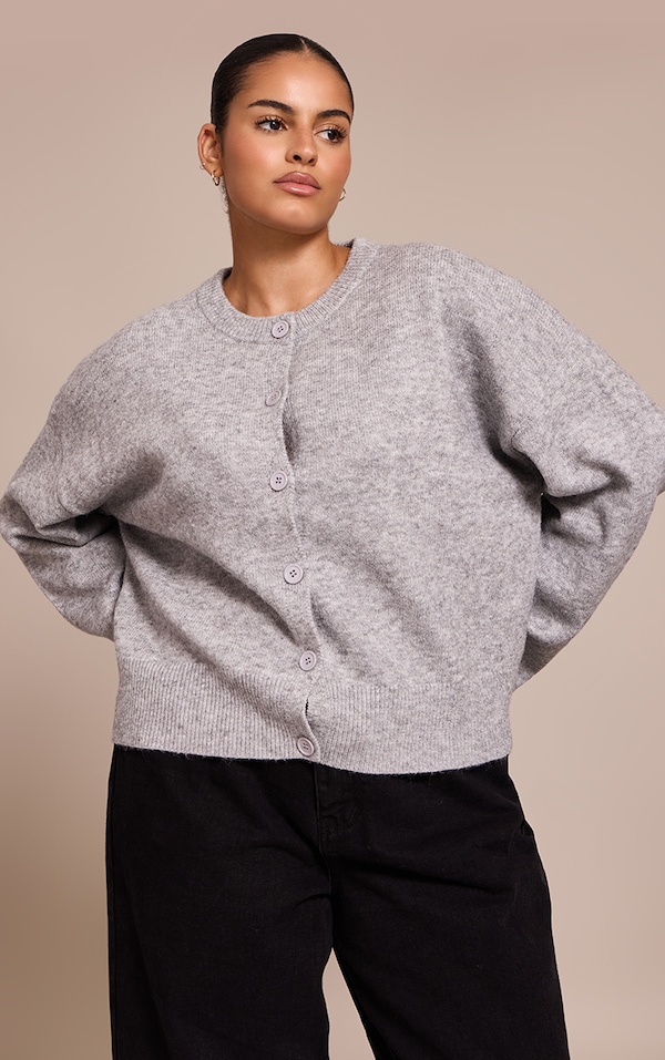 Plus Ash Grey Knit Button Through Cropped Cardigan