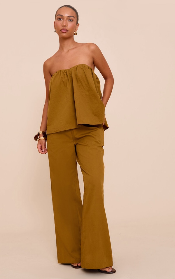  Olive Cotton Woven Ruched Floaty Bandeau Top