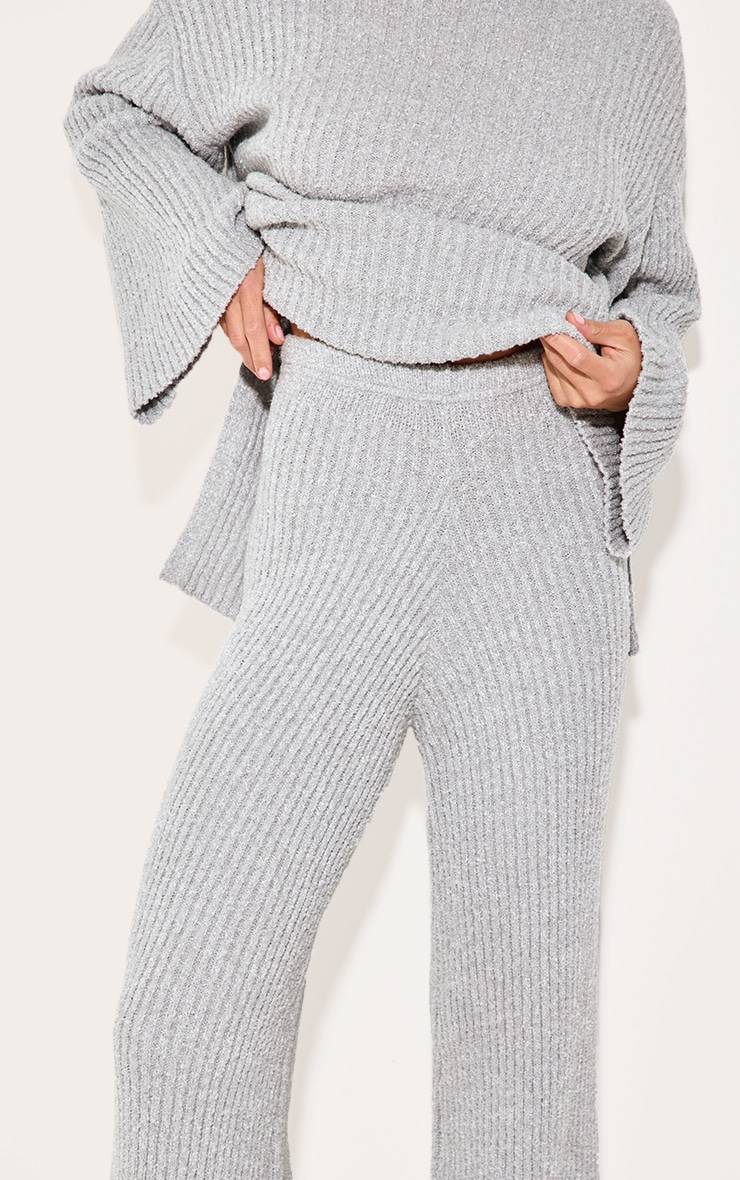 Ash Grey Rib Boucle Knit Wide Leg Pants image 4