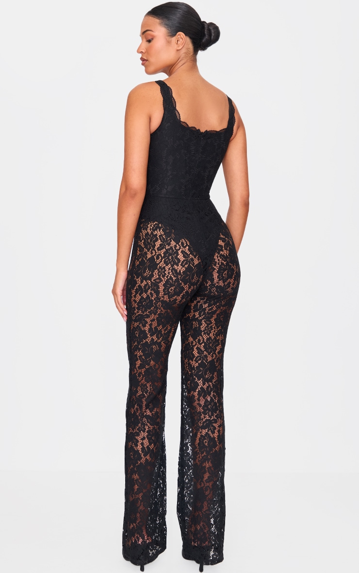 Tall Black Lace Boning Detail Strappy Flared Jumpsuit image 2