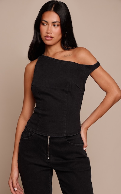 Black Denim Asymmetric Sleeveless Top