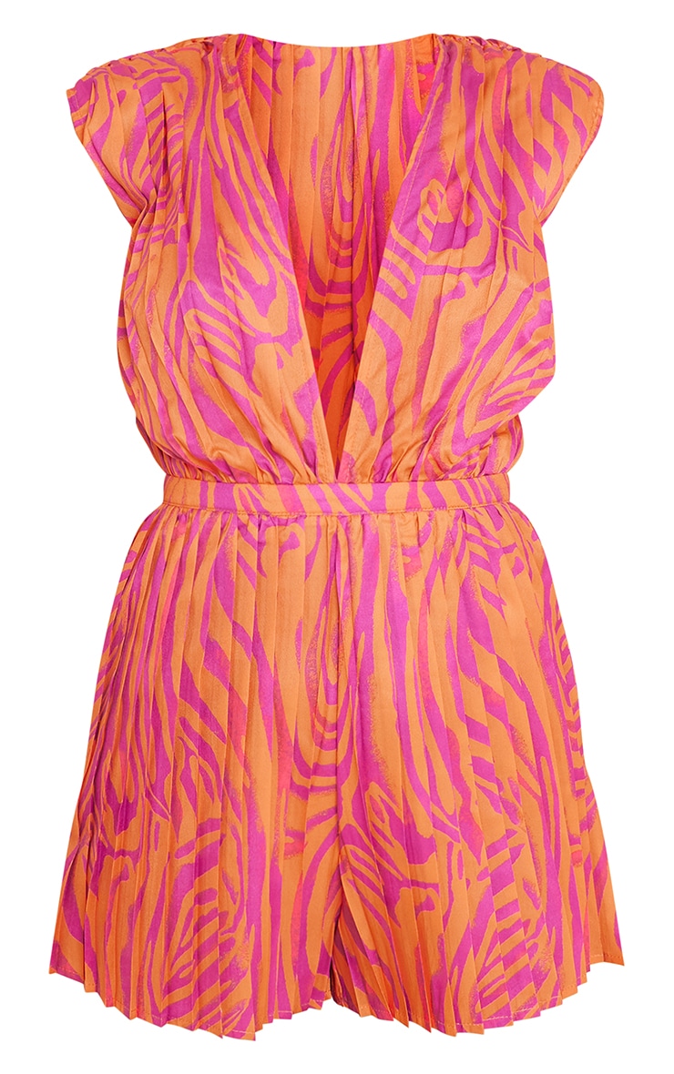 Pink Zebra Print Pleated Shoulder Pad Plunge Romper image 5