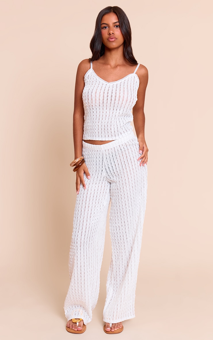 Petite White Textured Elastic Pants image 1