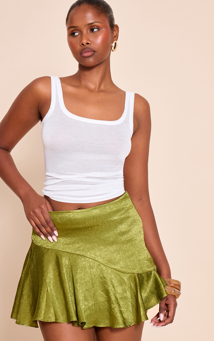 Olive Textured Satin Scalloped Edge Mini Skirt image 4