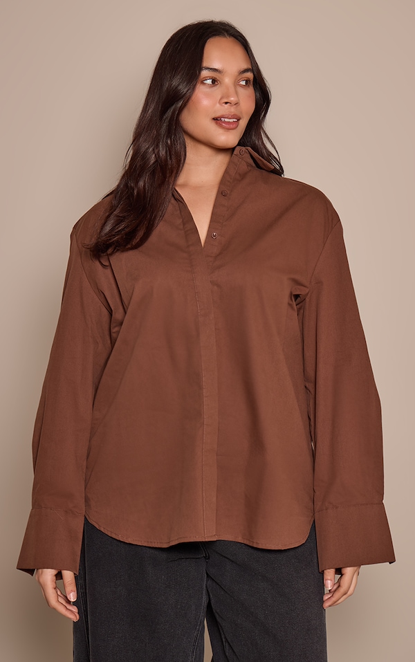 Plus Cotton Chocolate Oversized Cuff Shirt