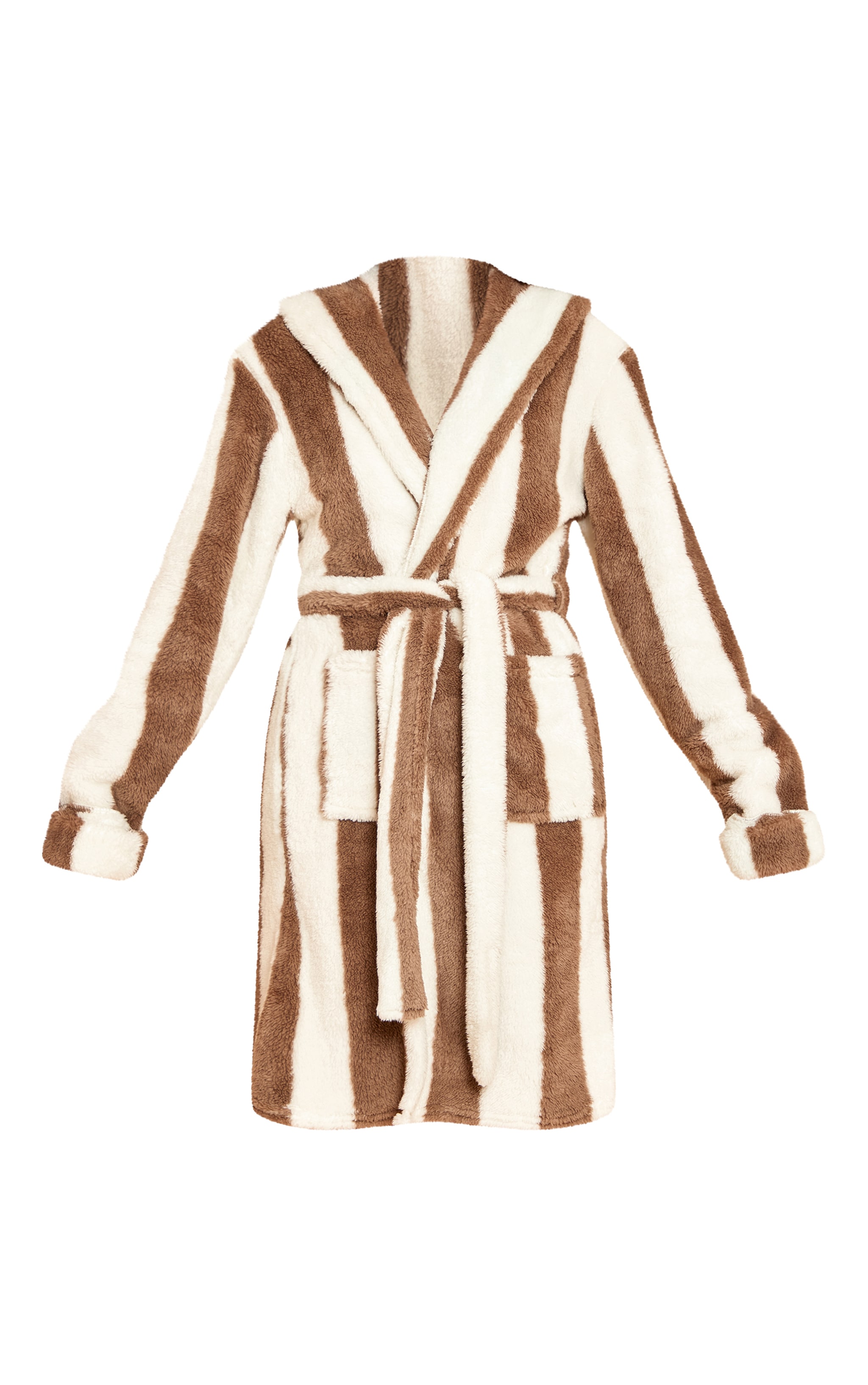 Taupe Stripe Fleece Hooded Short Dressing Gown image 5