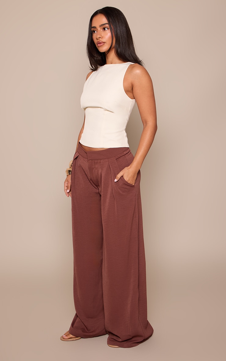 Petite Deep Chocolate Floaty Woven Double Pleat Wide Leg Pants image 2