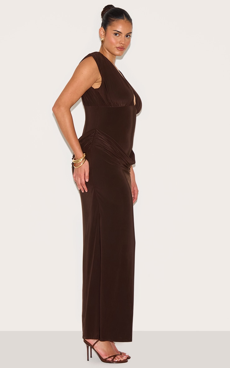 Plus Chocolate Double Layer Plunge Ruched Shoulder Drape Waist Maxi Dress image 3