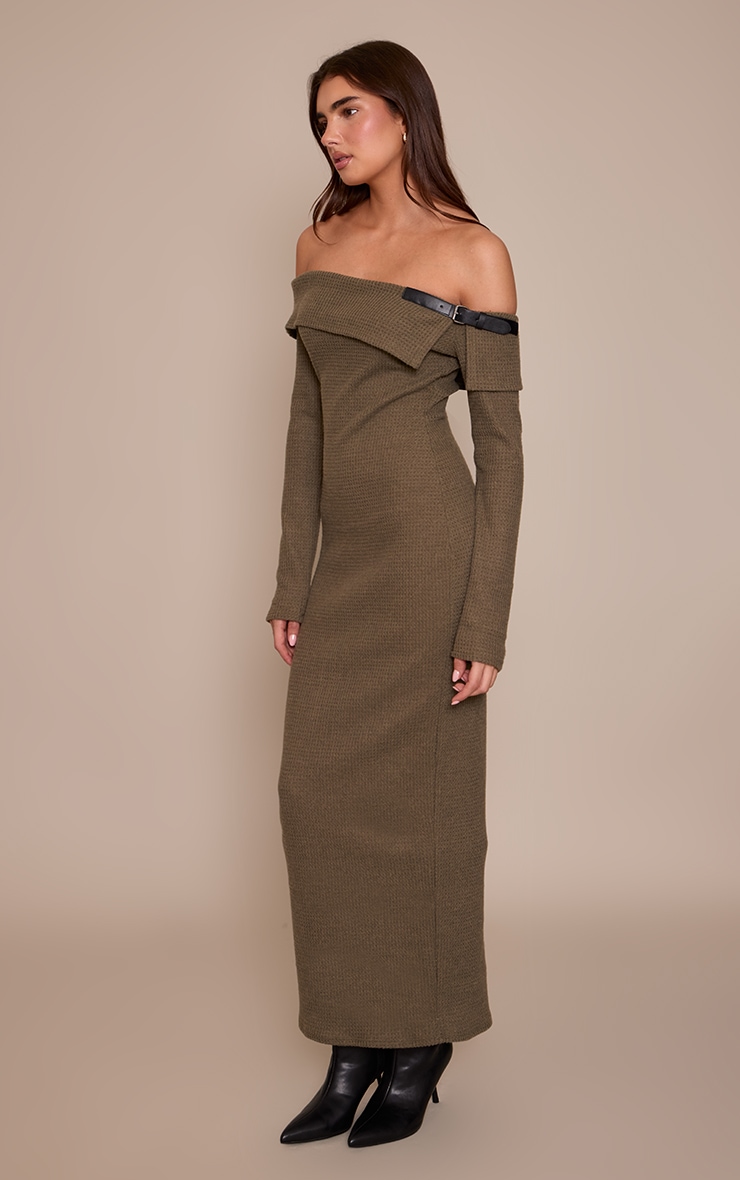 Khaki Textured Bardot Belt Detail Maxi Dress image 3