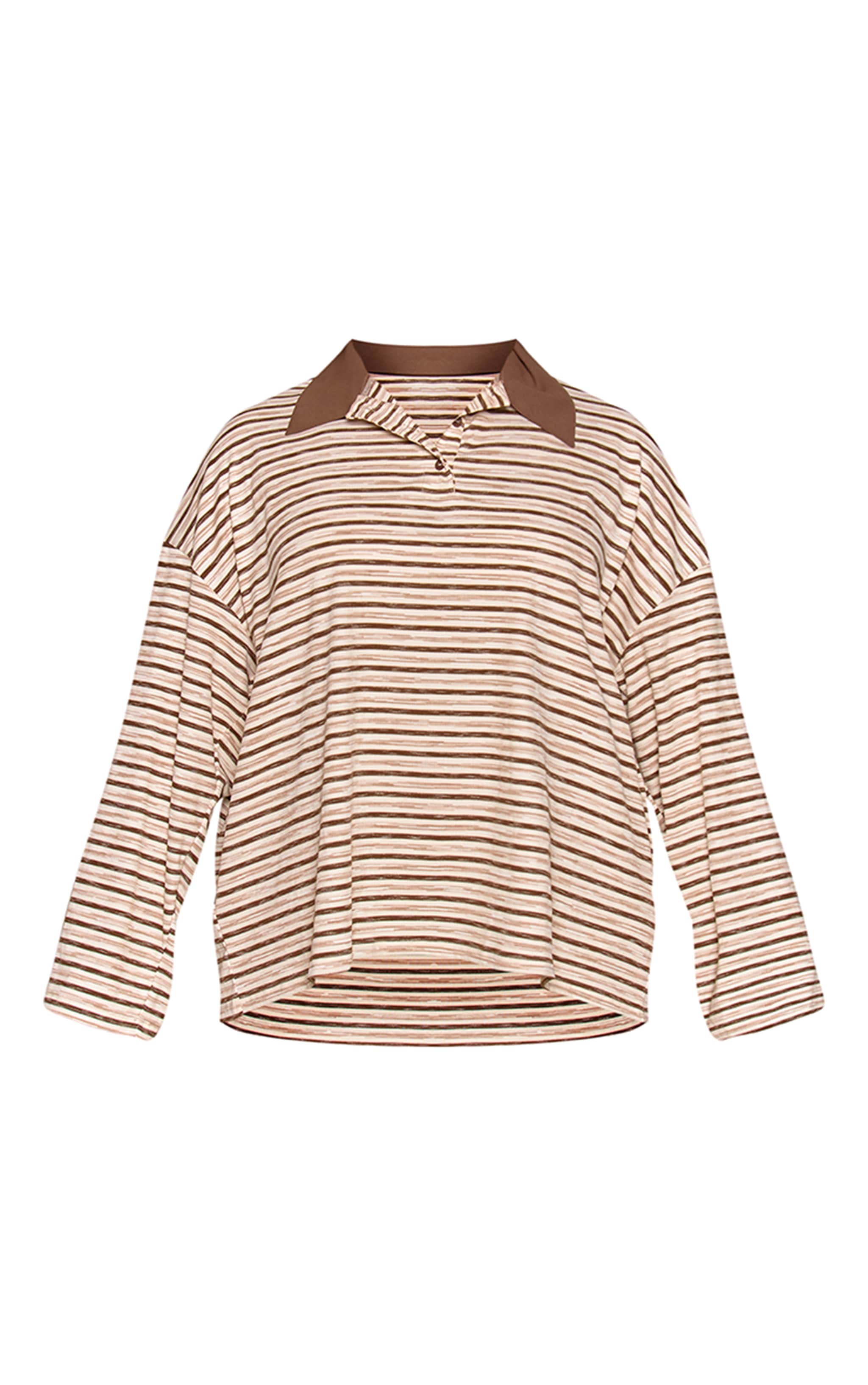 Plus Light Brown Soft Rib Striped Detail Collared Long Sleeve Top image 5