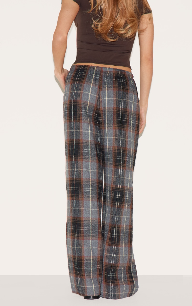 Dark Brown Check Print Drawstring Waist Slouchy Pants image 3