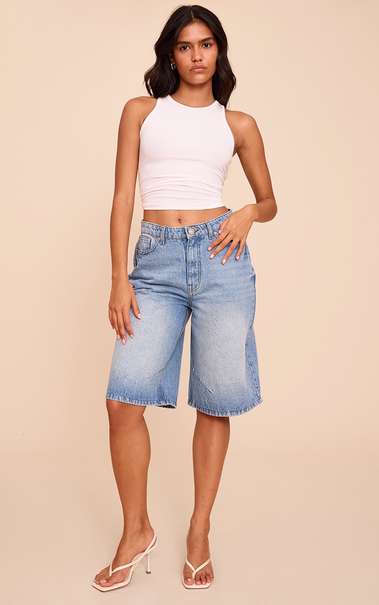 Mid Blue Wash Seam Detail Denim Jorts | Denim