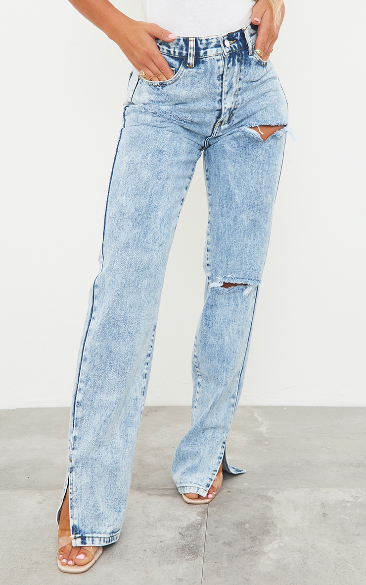 Ice Blue Ripped Split Hem Jeans image 2