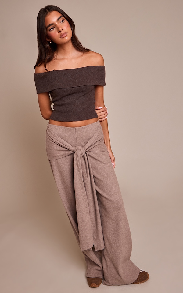 Mushroom Brushed Wrap Detail Straight Leg Pants