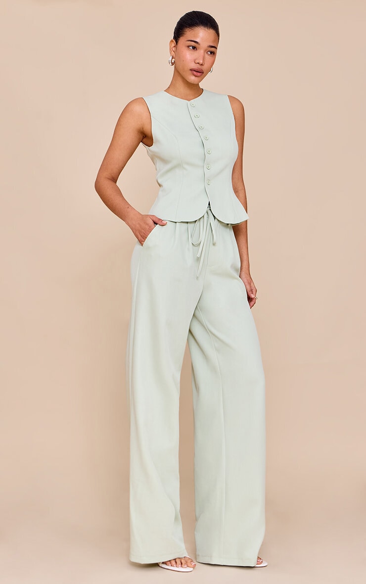 Pale Lime Tailored Tie Detail Woven Wide Leg Pants image 1