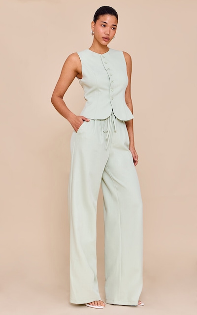 Pale Lime Tailored Tie Detail Woven Wide Leg Pants