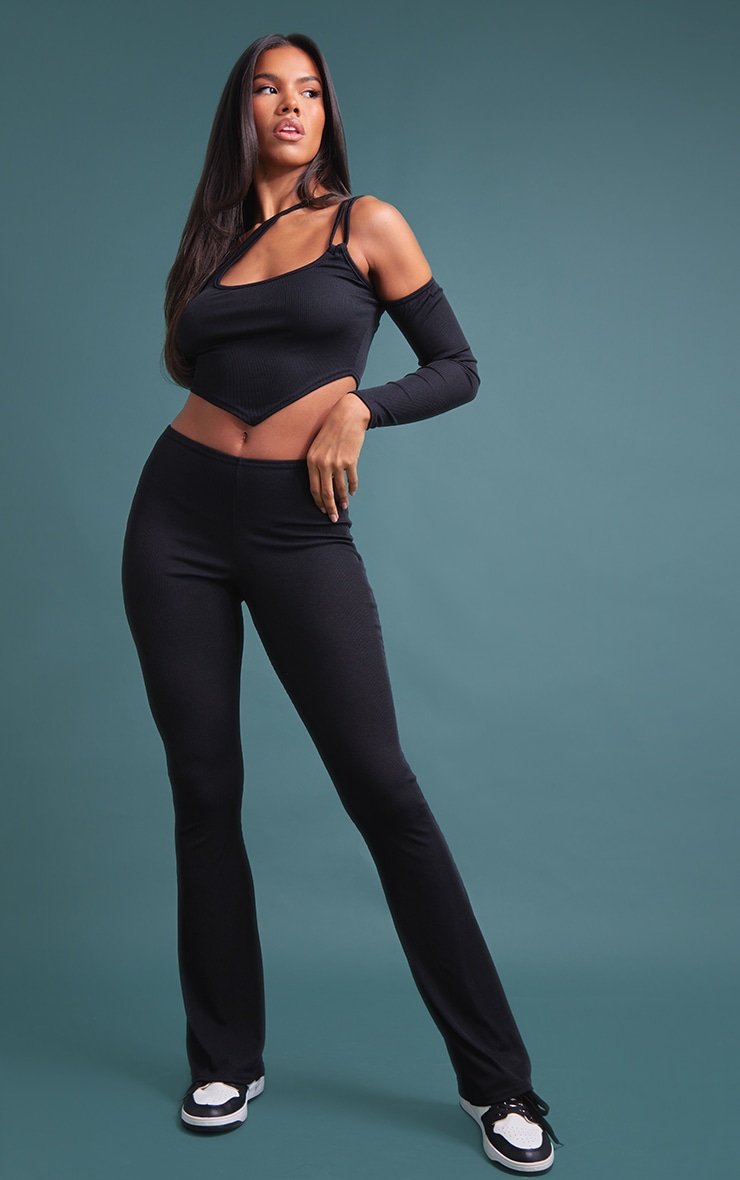 Black Rib Low Waist Flared Trousers image 1