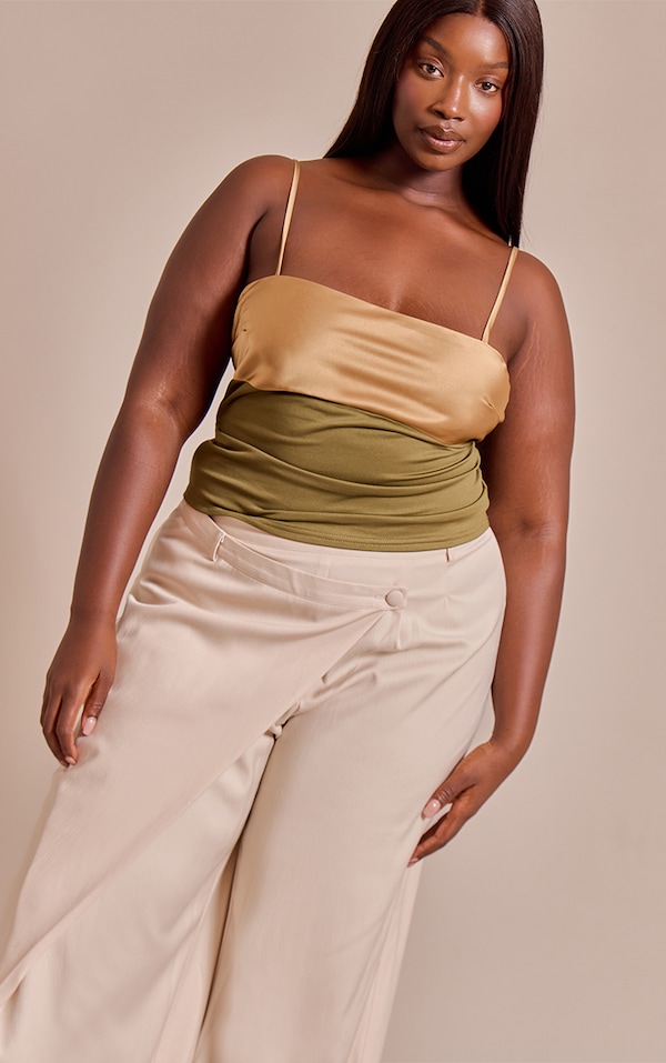 Plus Olive Contrast Bust Panel Strappy Cami Top