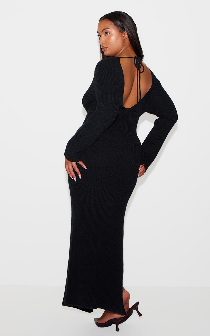 Plus Robe longue en maille tricot côtelée noire à manches longues et dos échancré image 2