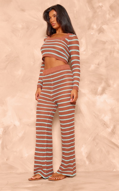 Mocha Stripe Crochet Knit Wide Leg Pants