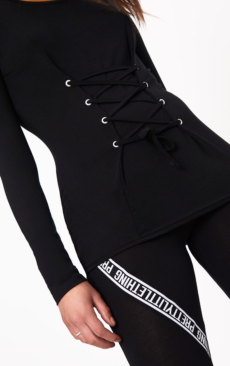 Black Lace Up Corset Long Sleeve T Shirt Tops PrettyLittleThing