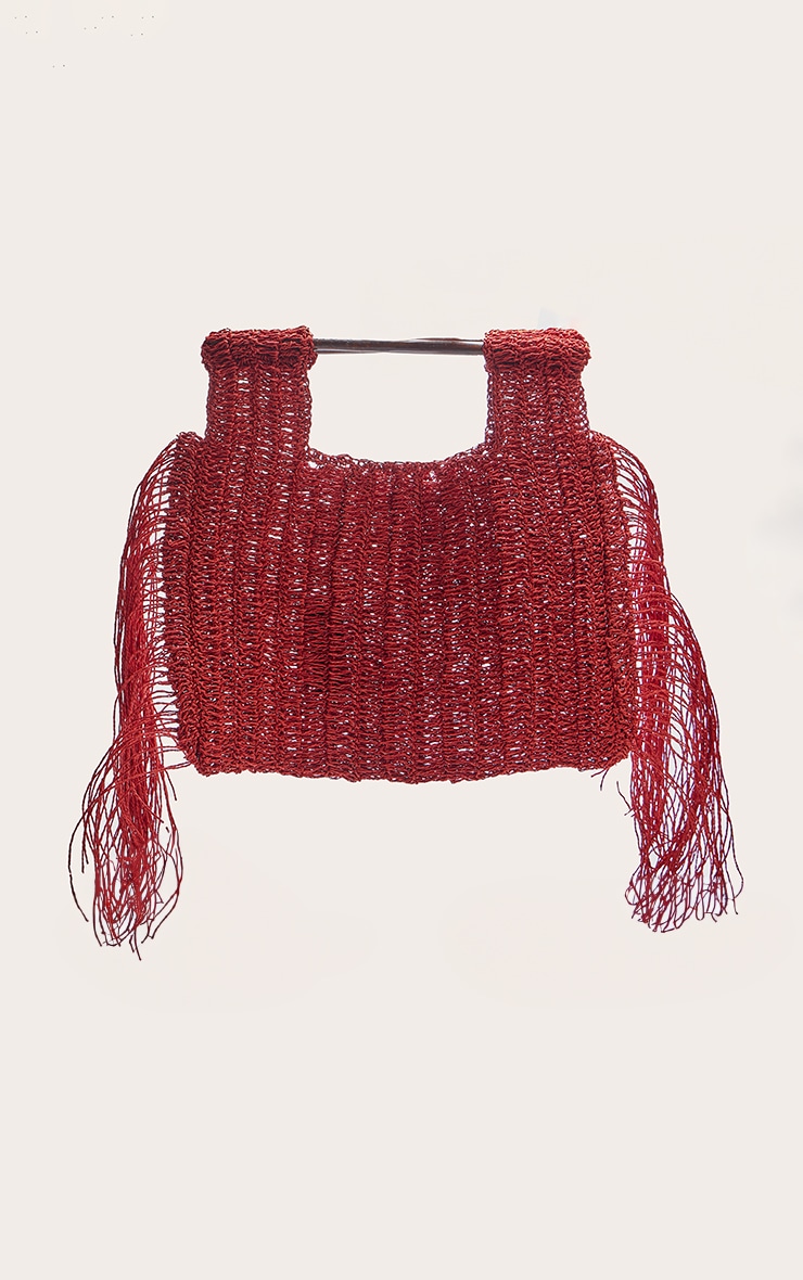 Rust Fringed Raffia Wooden Handle Beach Grab Bag image 2