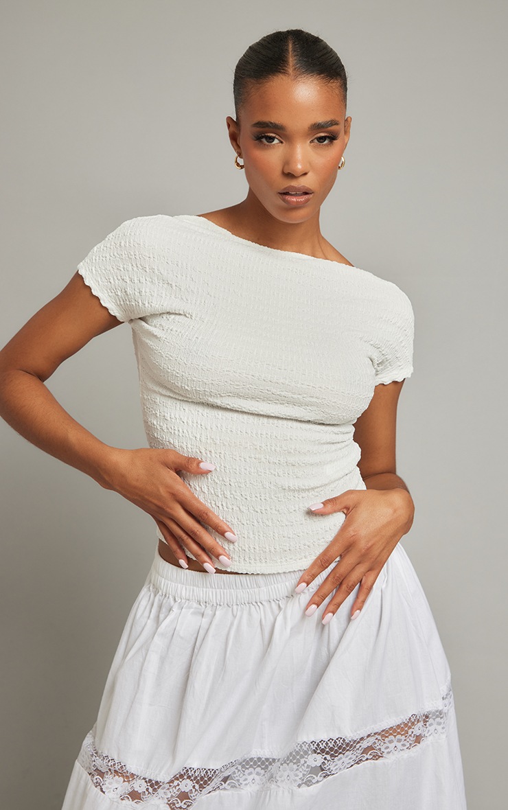 White Textured Short Sleeve Open Back Top image 3