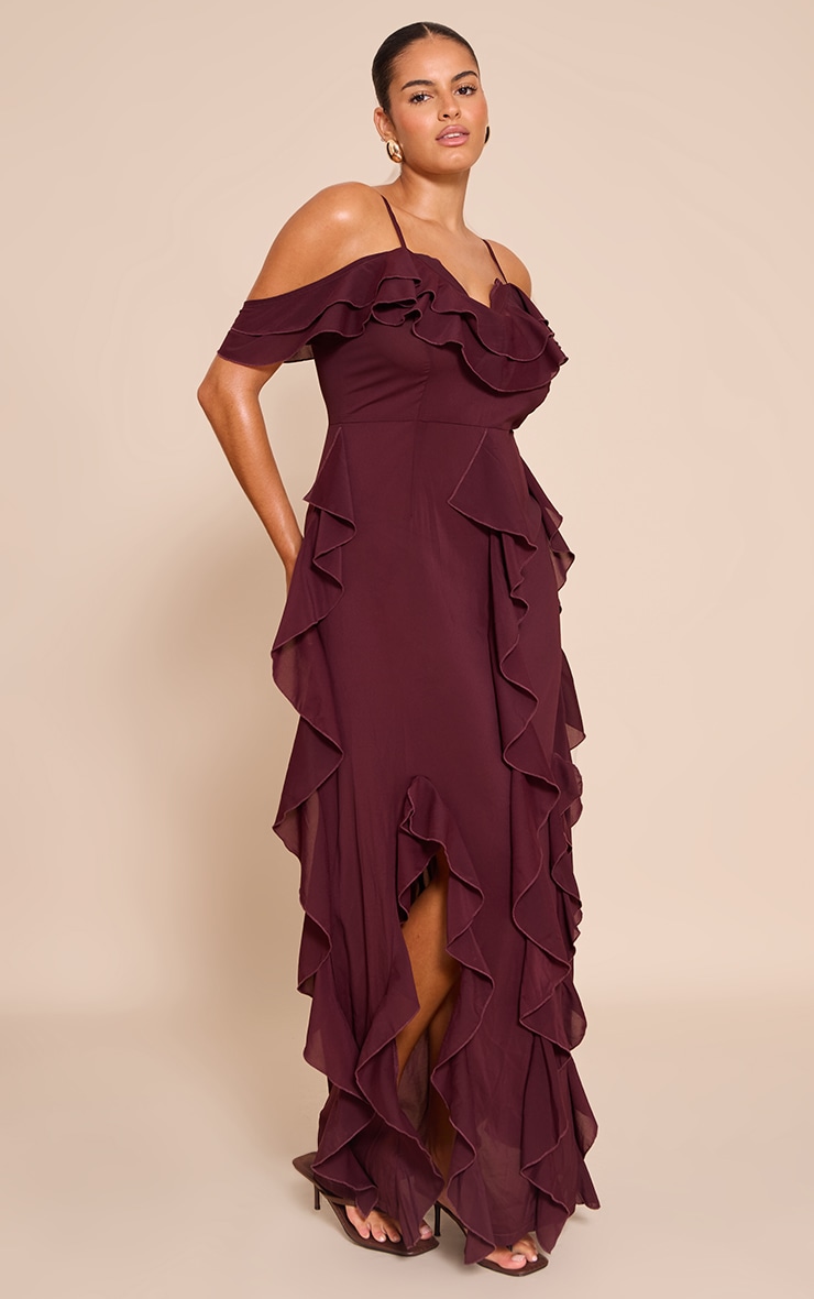 Plus Plum Cold Shoulder Ruffle Detail Strappy Maxi Dress image 3