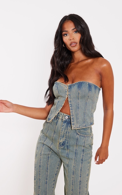 Tall Indigo Vintage Wash Denim Hook And Eye Structured Corset
