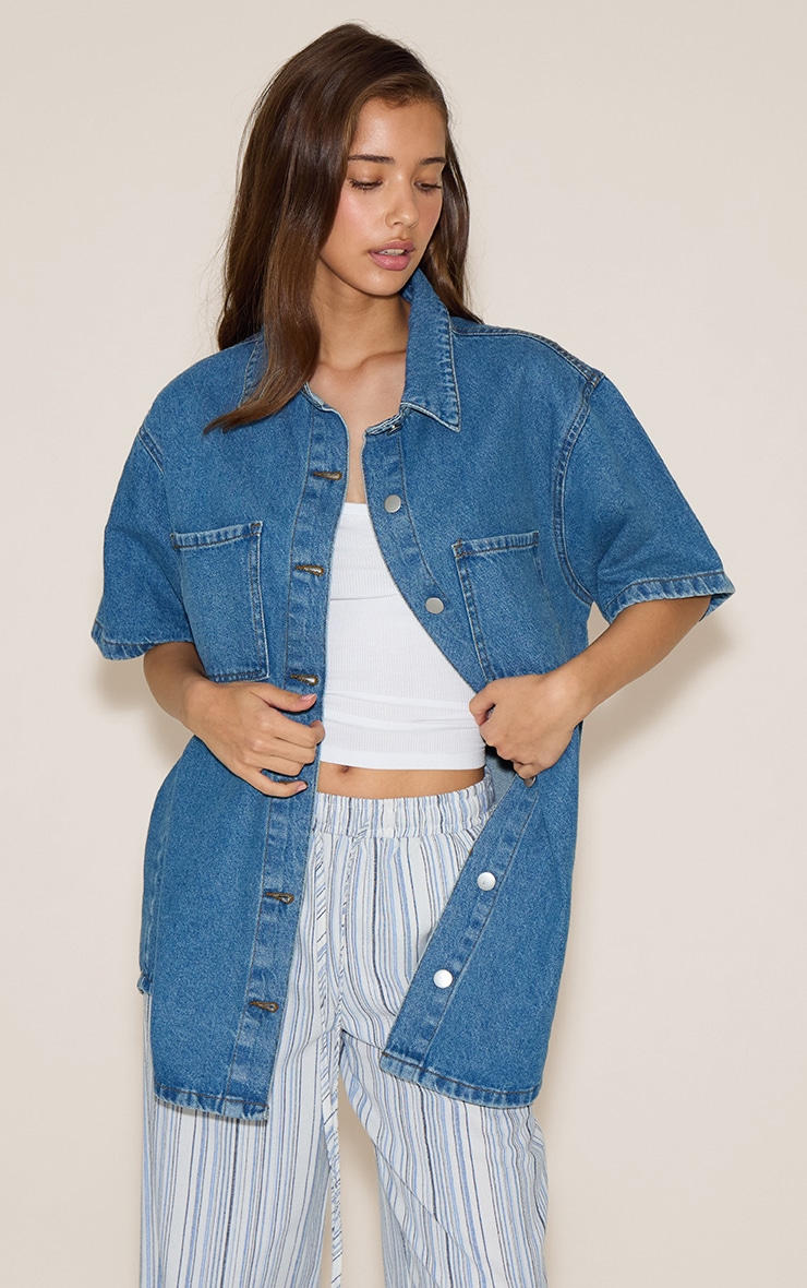 Mid Blue Wash Pocket Detail Oversized Denim Shirt image 1