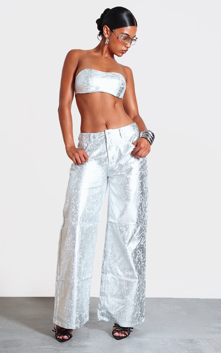 Silver Coated Crackle Effect Denim Wide Leg Jeans image 1