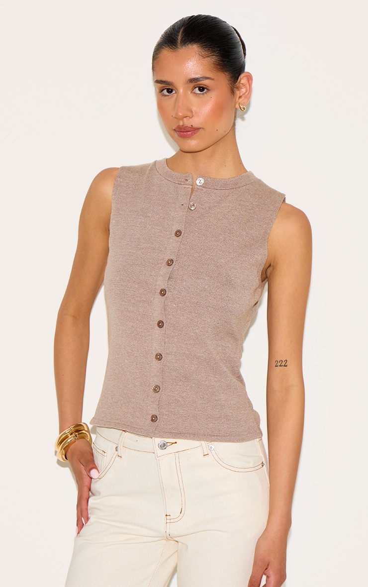 Tall Mocha Button Through Sleeveless Top image 1