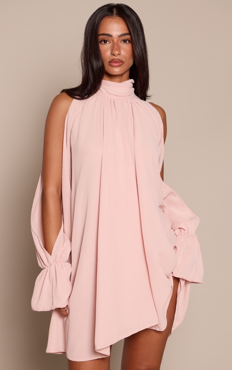 Petite Baby Pink High Neck Ruffle Mini Dress