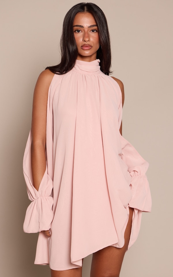 Petite Baby Pink High Neck Ruffle Mini Dress