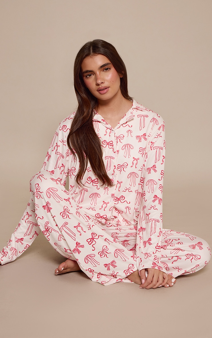 Cream Pink Bow Print Long Sleeve Button Through Pj Set