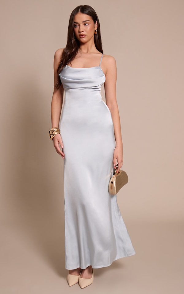 Silver Satin Cup Detail Strappy Maxi Dress