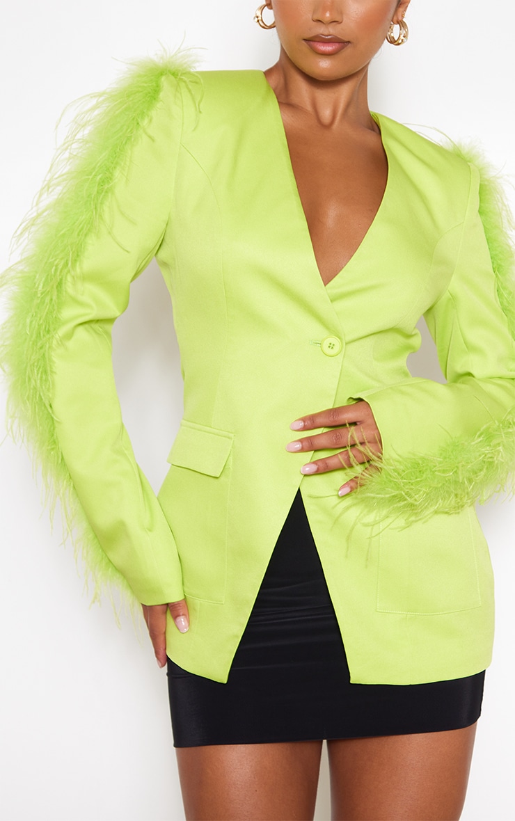 Lime Faux Feather Trim Collarless Double Breasted Blazer image 4