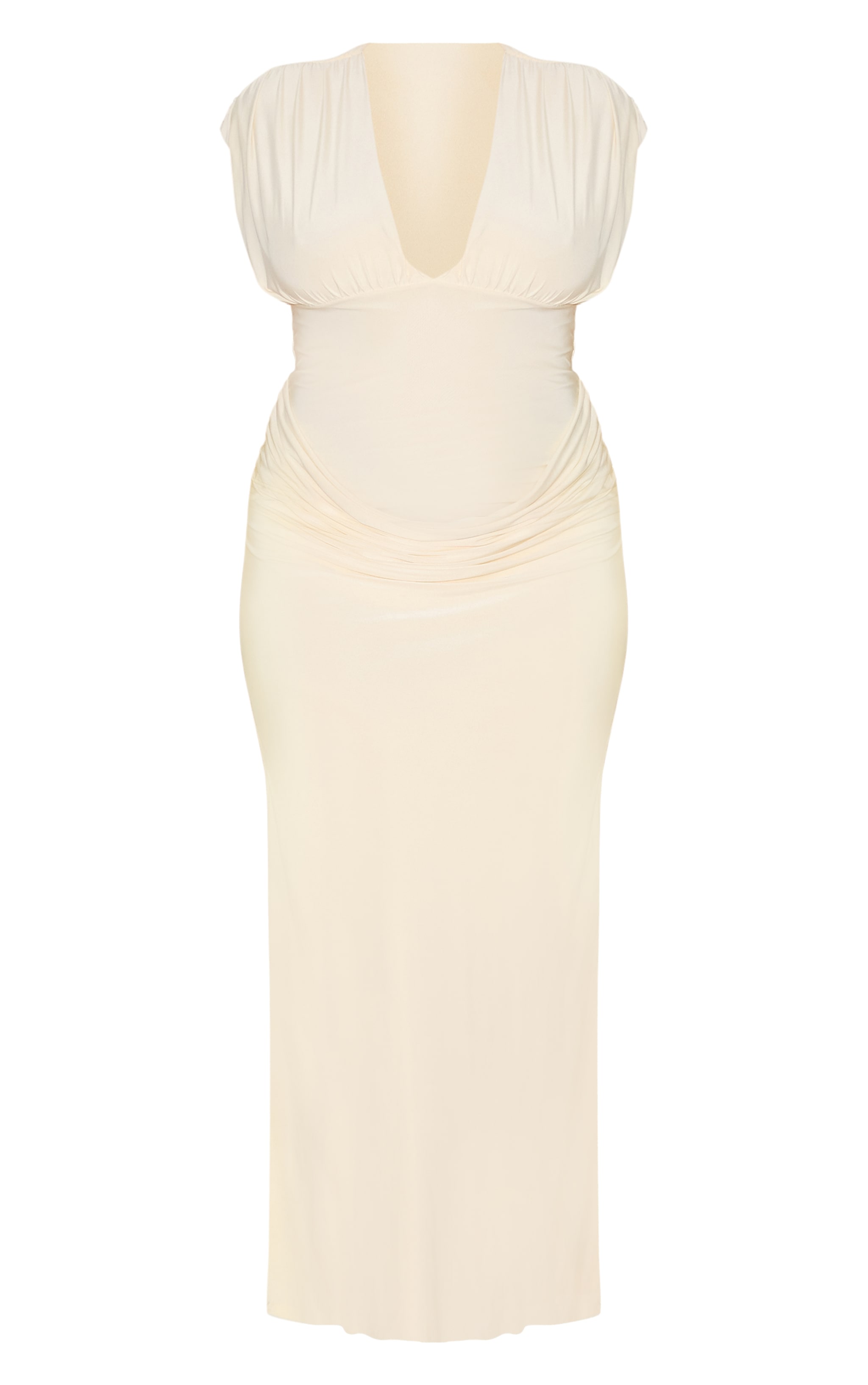 Plus Cream Double Layer Plunge Ruched Shoulder Drape Waist Maxi Dress image 5
