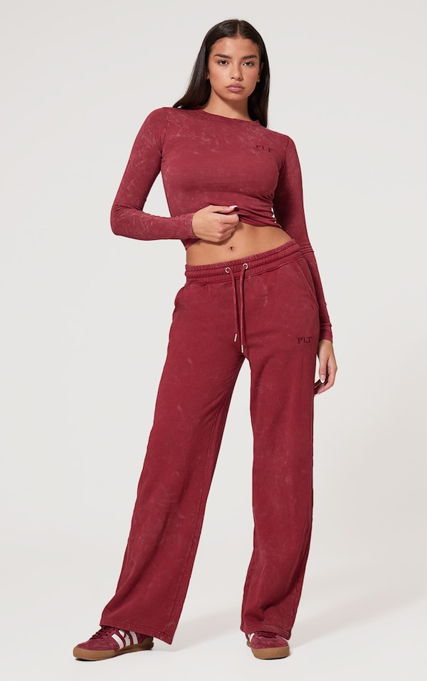 Dark Red Washed Wide Leg Sweatpants